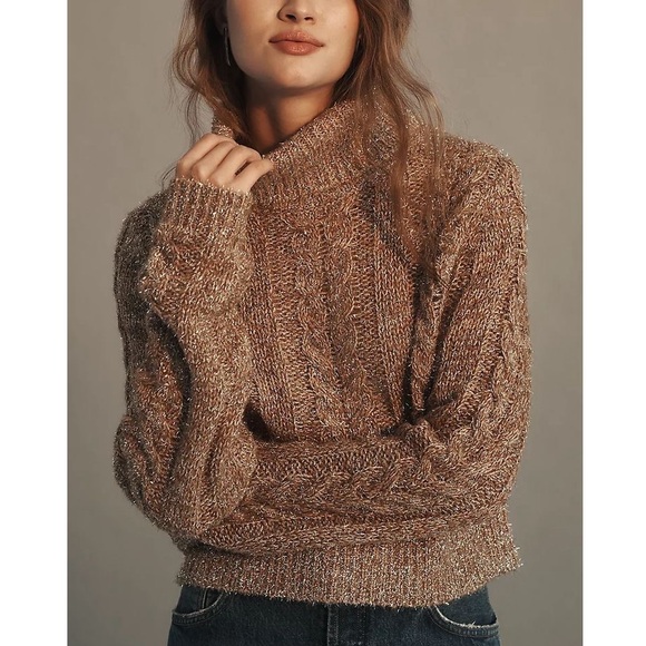 Anthropologie Pilcro Shine Metallic Lurex Cable Knit Turtleneck Crop Sweater Top - Picture 1 of 9